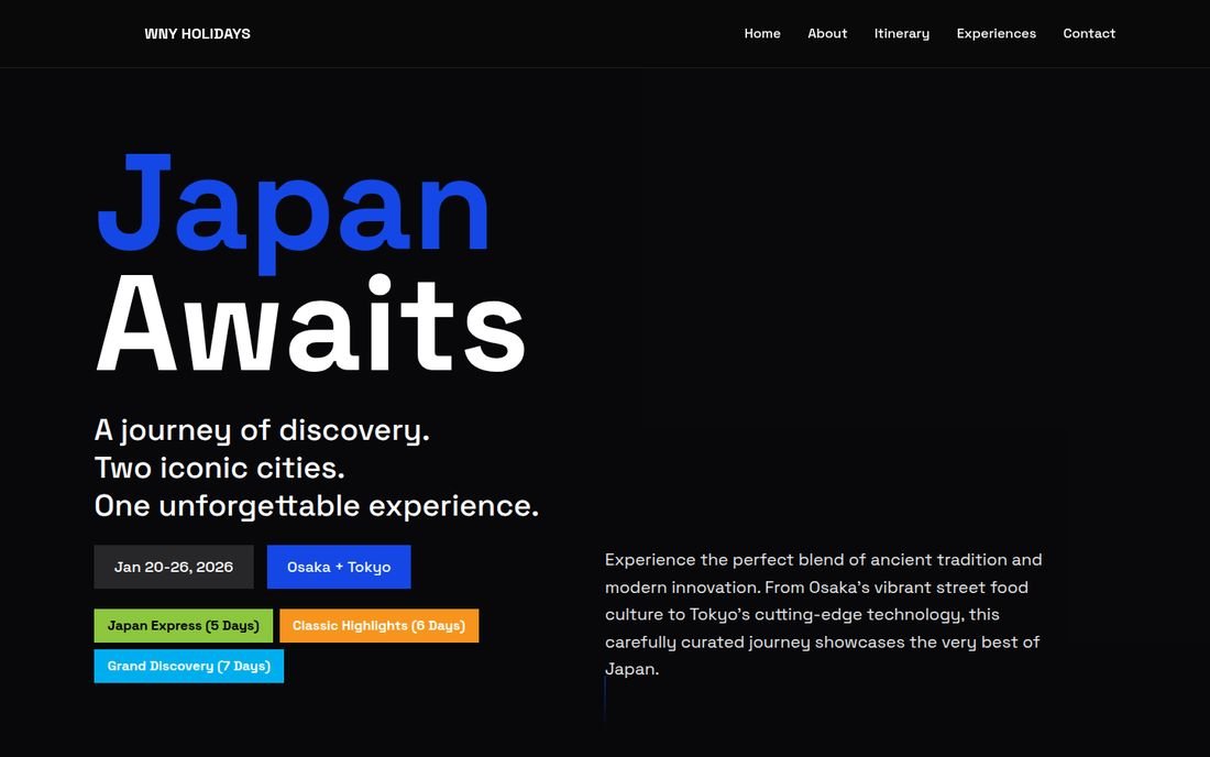 Japan Awaits website hero in a bold, dark visual style