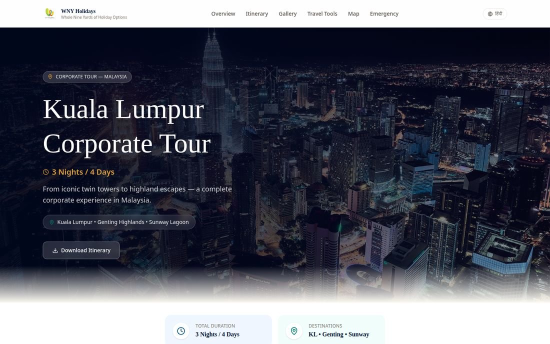 Kuala Lumpur corporate tour website hero with the Petronas Towers at dusk