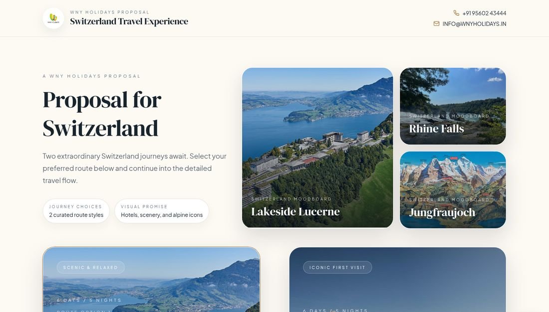 Proposal for Switzerland website with lake and mountain photography