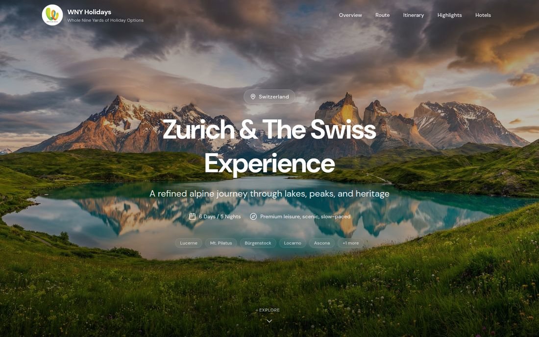 Zurich and the Swiss Experience website hero over an alpine meadow