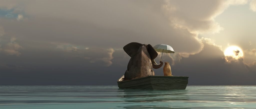 An elephant and a small companion sitting in a boat on a calm sea under a stormy sky