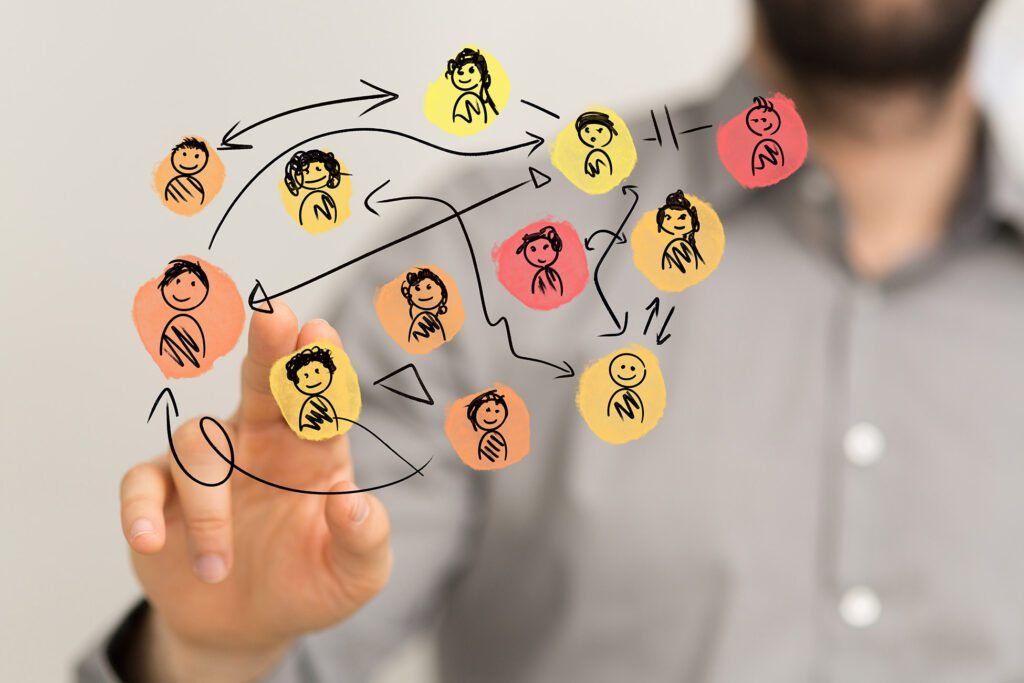 A person sketching a network of people and connections